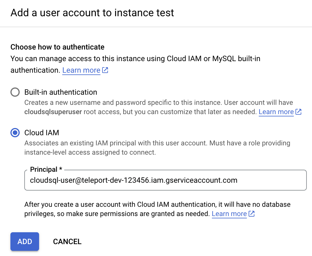 Add Cloud SQL User Account