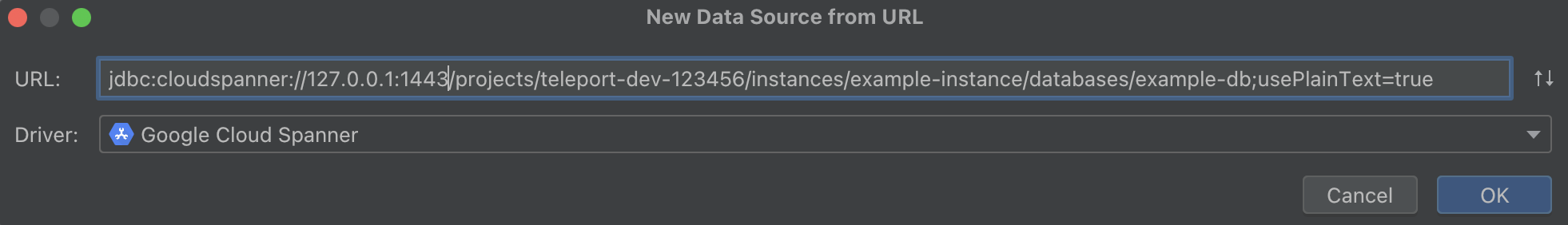 Create DataGrip Spanner Data Source From JDBC URL